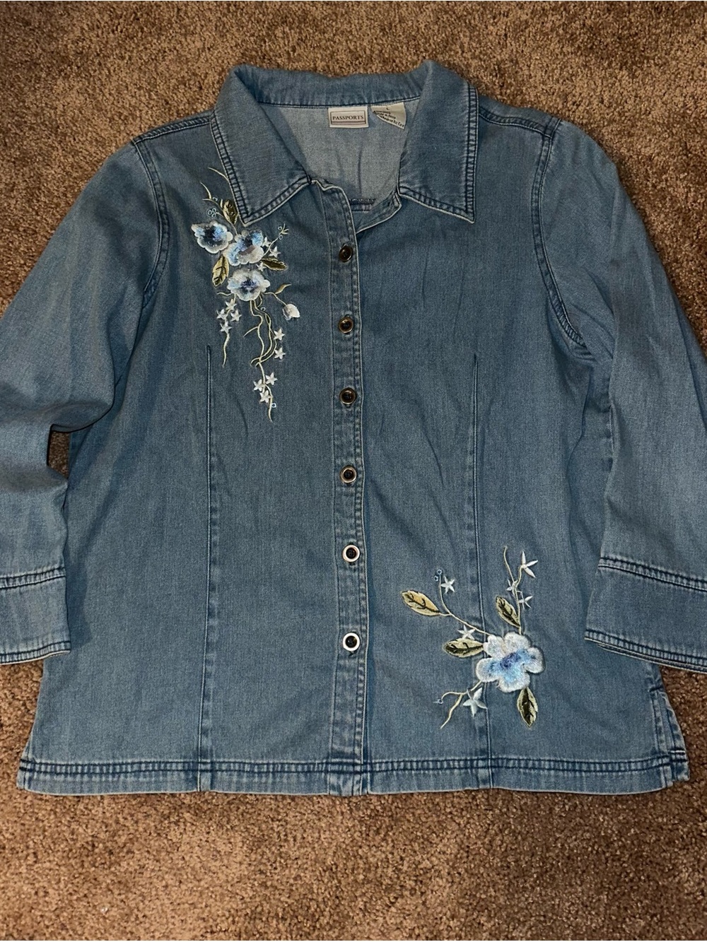 VTG Passport Blue Denim Jacket with Blue Floral Embroidery